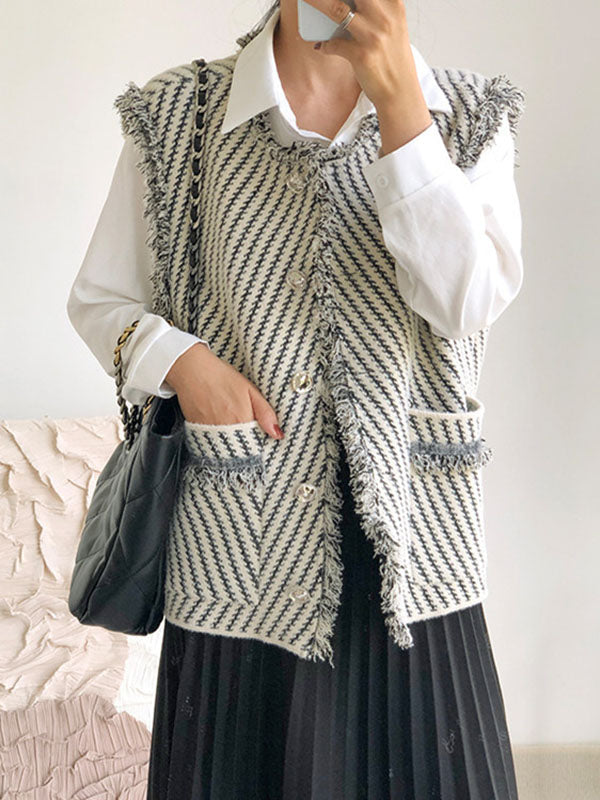 Buttoned Fringed Pockets Striped Loose Sleeveless V-Neck Vest Outerwear