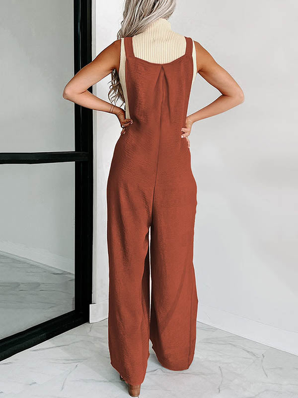 Buttoned Pleated Pockets High Waisted Loose Overalls