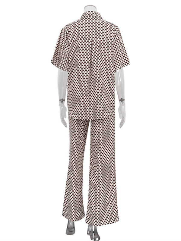 Plaid Printed Half Sleeves Loose Lapel Shirts&Pants Two Pieces Set