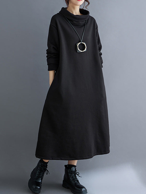 Pockets Solid Color Split-Side Velvet A-Line Long Sleeves High Neck Midi Dresses