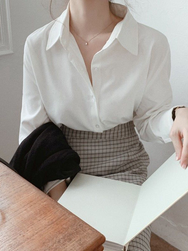 Buttoned Comfort Solid Color Long Sleeves Plus Size Lapel Blouses&Shirts Tops