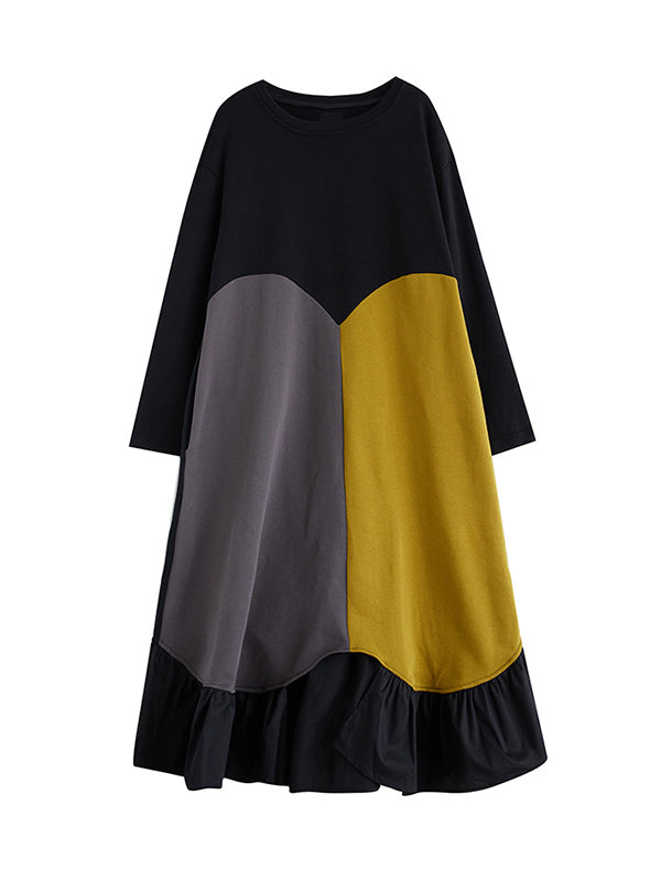 Contrast Color Pleated Split-front Split-Joint A-line Long Sleeves Round-neck Midi Dresses