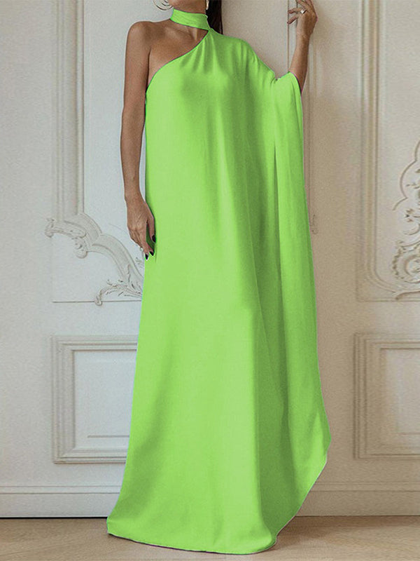 Asymmetric Solid Color Batwing Sleeves Loose Halter-Neck Maxi Dresses