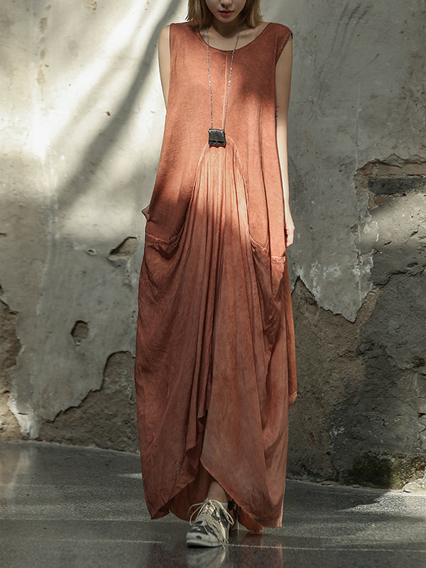 Pleated Split-Joint Loose Sleeveless Round-neck Maxi Dresses