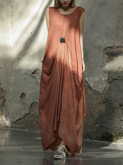 Pleated Split-Joint Loose Sleeveless Round-neck Maxi Dresses
