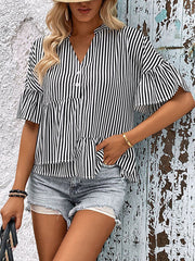 Asymmetric Falbala Pleated Split-Joint Striped Tiered Loose Raglan Sleeve V-Neck Blouses&Shirts Tops