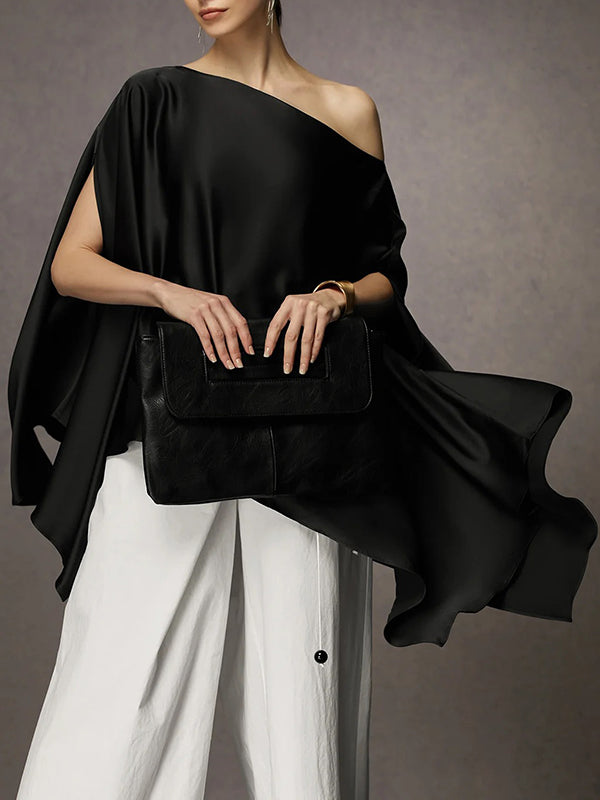 Asymmetric Solid Color Batwing Sleeves Loose One-shoulder Blouses&shirts Tops