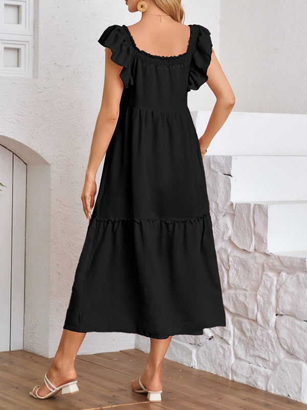 Elasticity Pleated Ruffled Solid Color Split-Joint A-Line Loose Off-The-Shoulder Midi Dresses