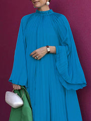 Pleated Ruffled Solid Color Split-Joint Flared Sleeves Loose High Neck Maxi Dresses