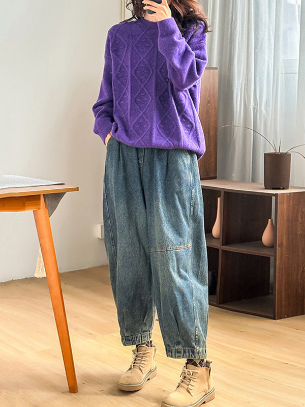 Simple Loose Long Sleeves Jacquard Solid Color Round-Neck Sweater Tops