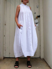 Loose Sleeveless Pockets Solid Color Stand Collar Midi Dresses Shirt Dress