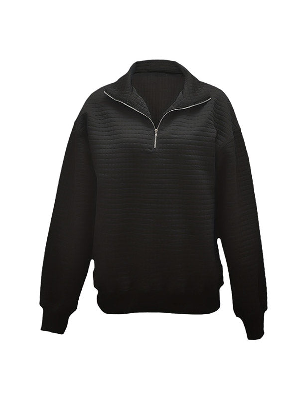 Waffle Check Zipper Long Sleeves Loose Lapel Sweatshirt Tops