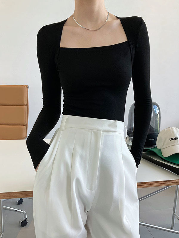 Solid Color Long Sleeves Skinny Square-neck T-Shirts Tops