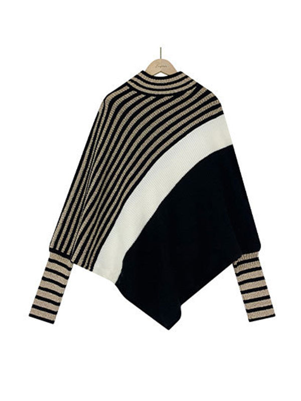Trendy Batwing Sleeves Long Sleeves Striped High-Neck Sweater Tops