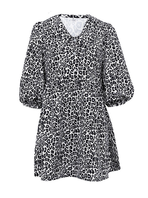 Buttoned Elasticity Leopard No Belt Zipper A-Line Half Sleeves Lapel Mini Dresses