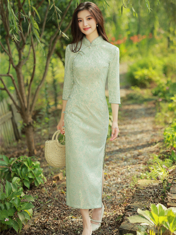 Vintage Split-Side Jacquard Long Cheongsam