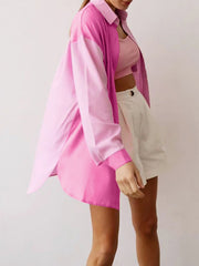 Buttoned Contrast Color Pockets Split-side High-low Long Sleeves Lapel Blouses&shirts Tops