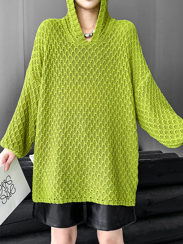 Hollow Solid Color Long Sleeves Loose Hooded Sweater Tops