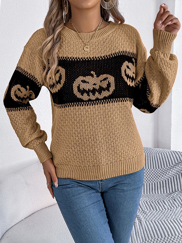 Contrast Color Split-Joint Long Sleeves Loose Round-Neck Sweater Tops Pullovers
