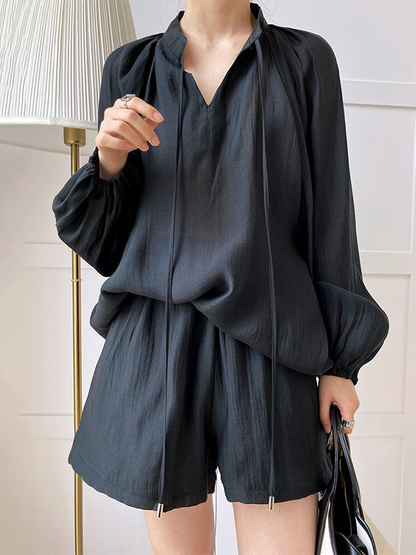 Casual Loose Solid Color Puff Sleeves Blouse&Wide Leg Shorts Two Pieces Set