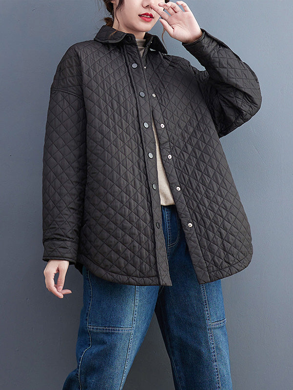 Loose Long Sleeves Buttoned Solid Color Lapel Collar Padded Outerwear