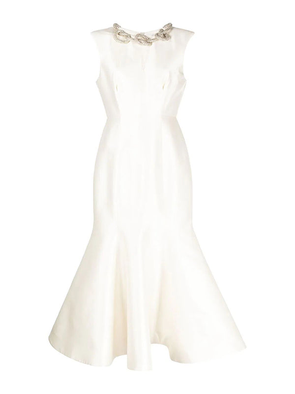 Pleated Solid Color Zipper Bodycon Mermaid Round-Neck Midi Dresses