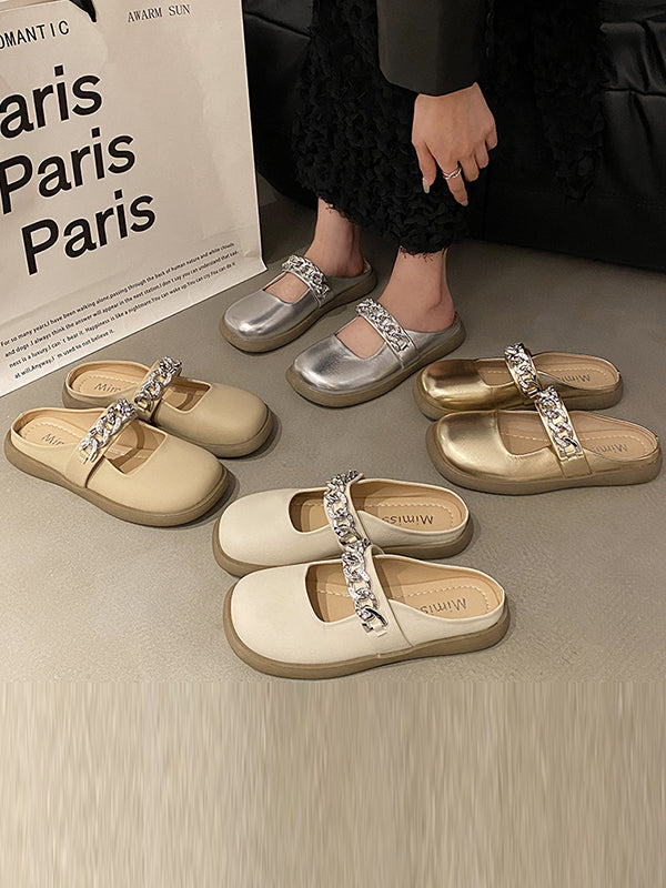 Chains Round-Toe Shallow Cut Split-Joint Slippers Mary Janes