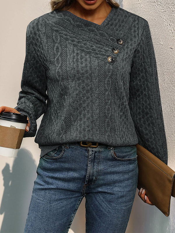 Buttoned Solid Color Split-Joint Long Sleeves Loose V-Neck Sweatshirt Tops