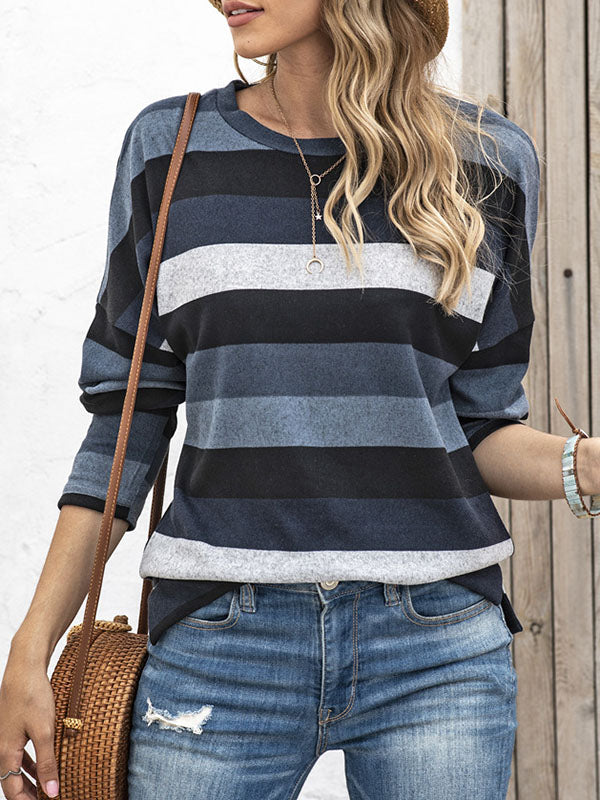 Split-side Striped Long Sleeves Loose Round-neck Sweatshirt Tops