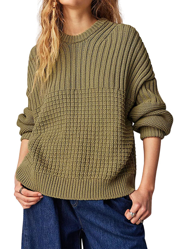 Solid Color Long Sleeves Loose Round-Neck Sweater Tops Pullovers
