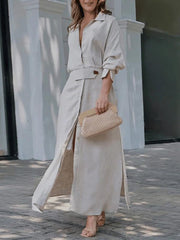 Long Sleeves Loose Split-Joint Split-Side V-Neck Maxi Dresses Shirt Dress