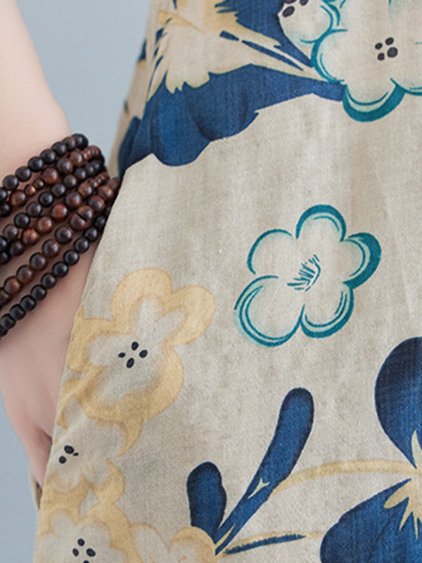 Floral Printed Loose Sleeveless Round-Neck Maxi Dresses