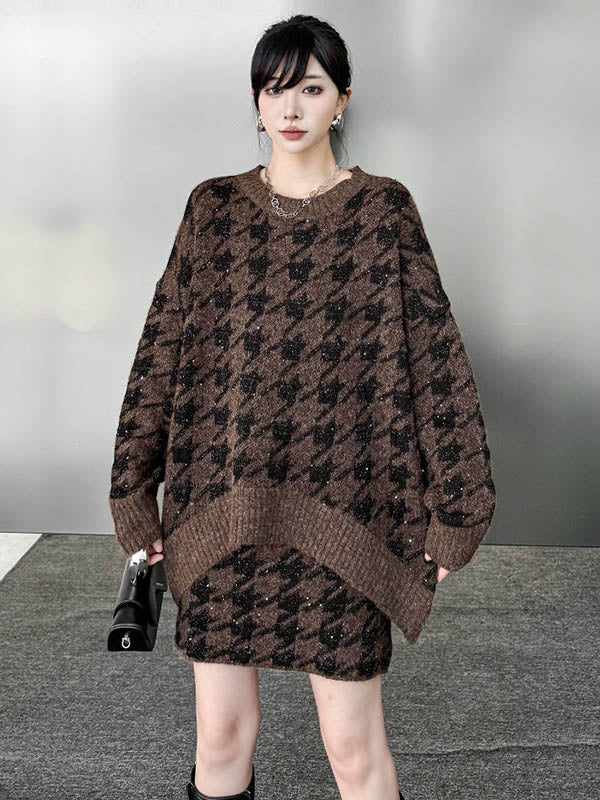 Contrast Color Split-joint Ribs Shiny Swallow Gird/Houndstooth Round-Neck Sweater Tops + A-Line Elasticated Waist Skirts Bottoms  Two Pieces Set