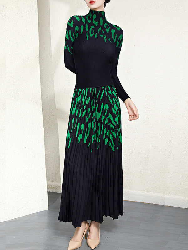 Printed Long Sleeves Mock Neck T-Shirt Top + Pleated A-Line Skirts Bottom Two Pieces Set