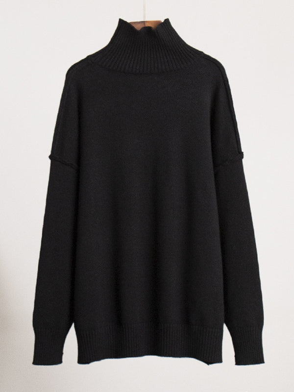 Solid Color Split-Joint Long Sleeves Loose High Neck Sweater Tops Pullovers