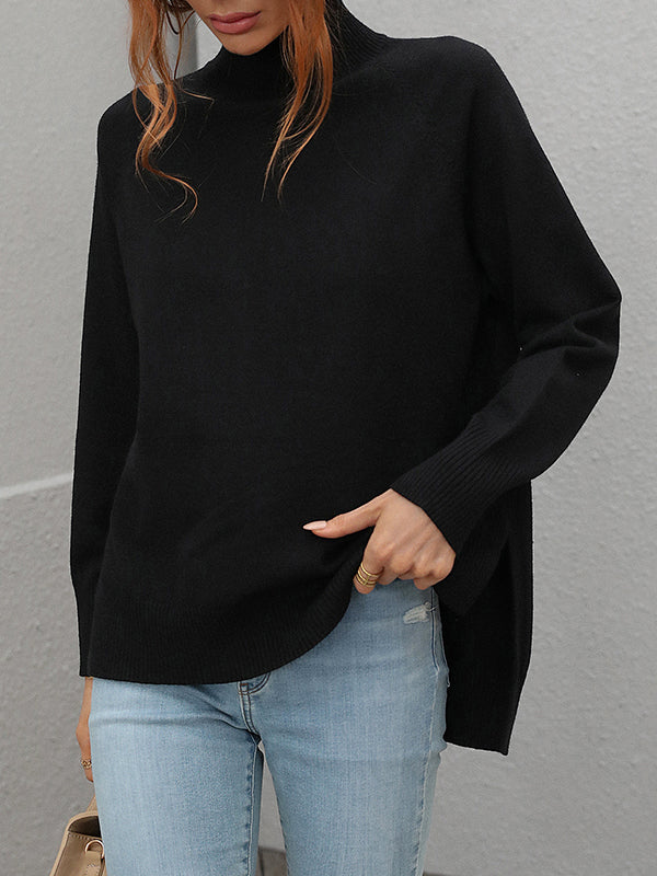 Solid Color Split-Side High-Low Long Sleeves High Neck Sweater Tops Pullovers