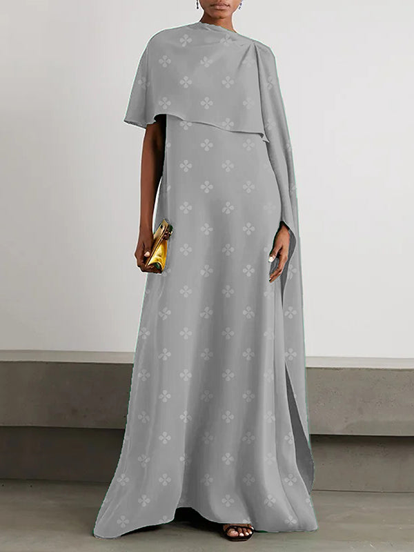 Asymmetric Hollow Printed Capelet Loose Boat Neck Maxi Dresses