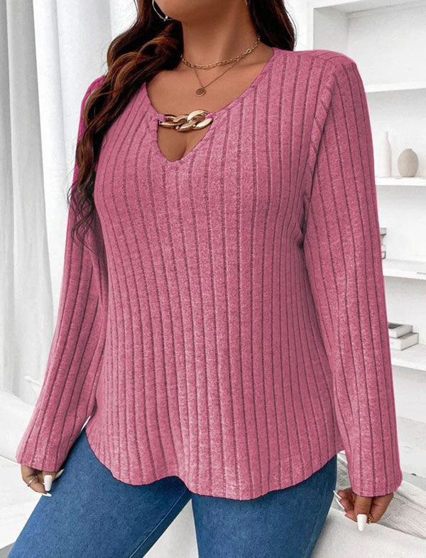 Solid Color Long Sleeves Loose V-Neck T-Shirts Tops