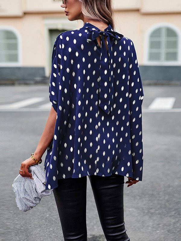Bandage Polka Dot Loose Round-Neck Blouses&Shirts Tops
