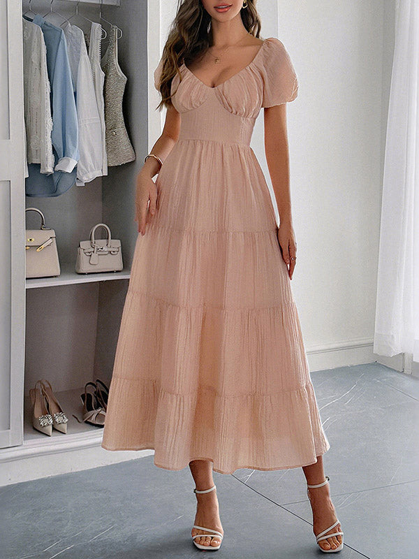 Backless Pleated Solid Color Tied A-Line Loose V-Neck Midi Dresses
