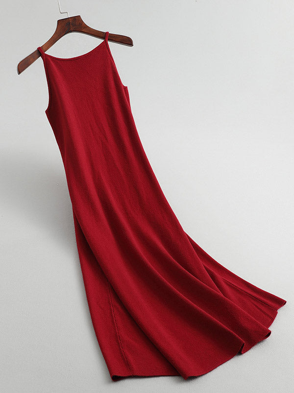 Solid Color A-Line High Waisted Spaghetti-Neck Midi Dresses