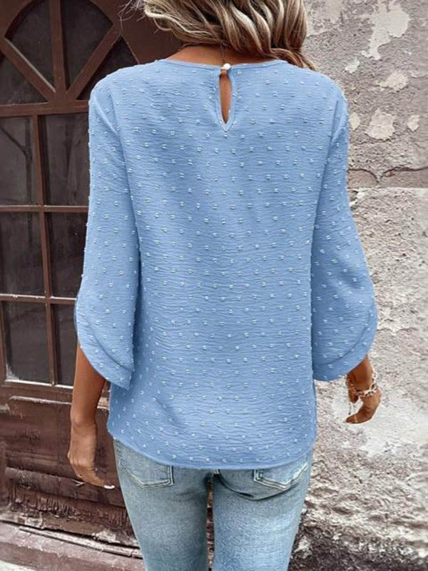 Hollow Jacquard Split-Joint Loose Three-Quarter Sleeves Round-Neck T-Shirts
