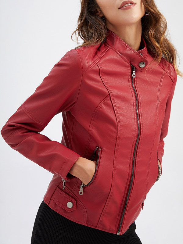 Buttoned Pockets Zipper Long Sleeves Plus Size Stand Collar Outerwear Jackets
