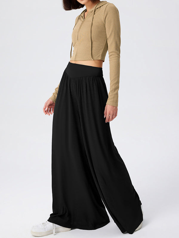 Pleated Pockets Solid Color Split-Joint High Waisted Loose Trousers Pants