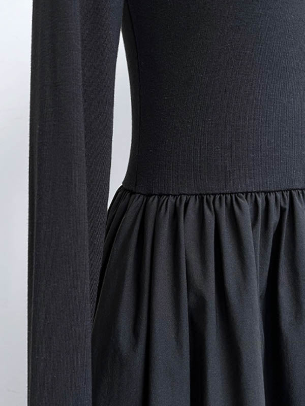 Pleated Solid Color Split-Joint A-Line Long Sleeves Midi Dresses