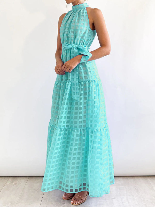 Plaid Ribbed Loose Sleeveless Stand Collar Maxi Dresses