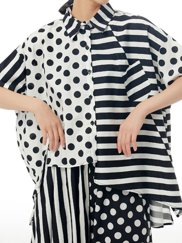 Polka-Dot Split-Joint Striped Irregular clipping Loose Lapel Shirts Tops