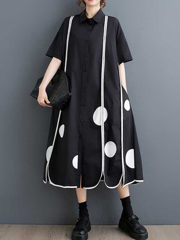 Buttoned Pockets Polka-Dot Split-Front Split-Joint A-Line Half Sleeves Lapel Shirt Dress Midi Dresses
