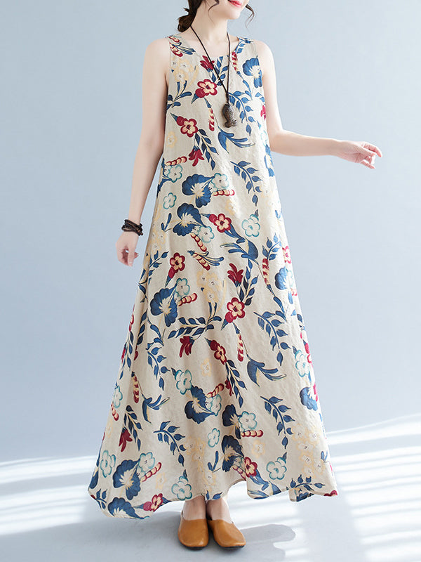Floral Printed Loose Sleeveless Round-Neck Maxi Dresses
