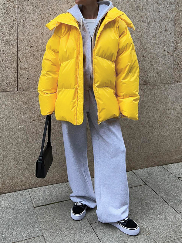 Long Sleeves Loose Solid Color Split-Joint Hooded Padded Coat